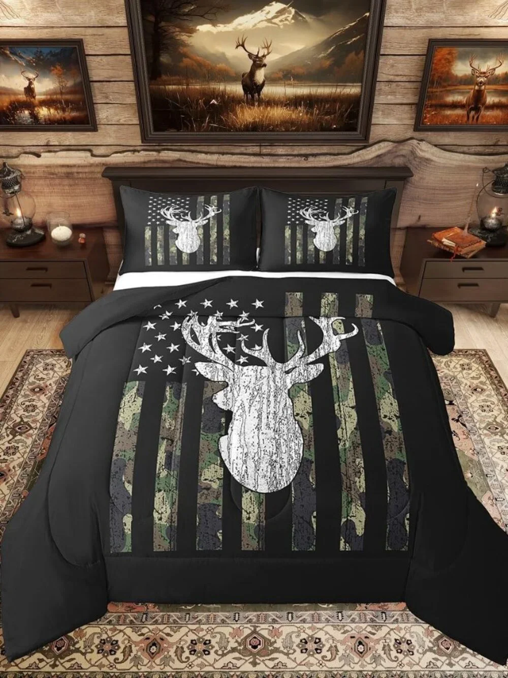 American Flag Comforter Set,Deer Hunting Down Comforter King,Army Green Military